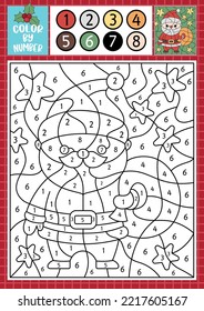 Vector Christmas color by number activity with cute kawaii Santa Claus with sack. Winter holiday scene. Black and white counting game with Saint Nicolaus, bag, presents. New Year coloring page for kid