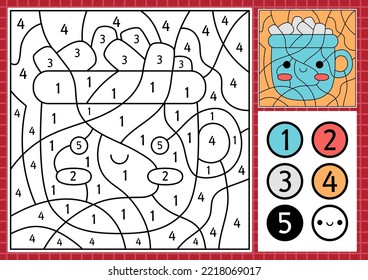 Vector Christmas color by number activity with cute kawaii cacao mug with marshmallow. Winter holiday scene. Black and white counting game with hot drink. New Year coloring page for kids
