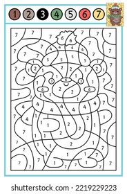 Vector Christmas color by number activity with cute kawaii bear in hat and scarf. Winter holiday scene. Black and white counting game with animal in warm clothes. New Year coloring page for kids
