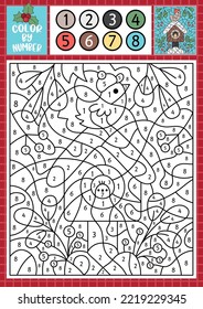 Vector Christmas color by number activity with cute kawaii bird house, snow. Winter holiday scene. Black and white counting game with nestling, leaves, berries. New Year coloring page for kids
