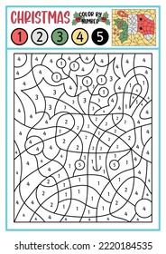 Vector Christmas color by number activity with cute kawaii stocking. Winter holiday scene. Black and white counting game with sock, holly leaves and berries. New Year coloring page for kids
