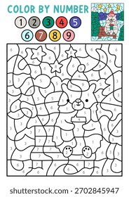 Vector Navidades color por número actividad con oso bebiendo café, escena nevada. Invierno juego de conteo en blanco y negro. Nuevo año para colorear página para niños. Hoja de trabajo imprimible en línea
