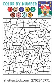 Navidades de Vector color por número de actividad con la casa de Santa Claus. Invierno conteo en blanco y negro, juego de colorear. Nuevo año para colorear página para niños. Hoja de trabajo de línea imprimible con símbolo de vacaciones
