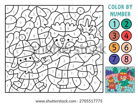Vector Christmas color by number activity with elf skating on ring with dog. Winter black and white counting game. New Year coloring page for kids. Line printable worksheet

