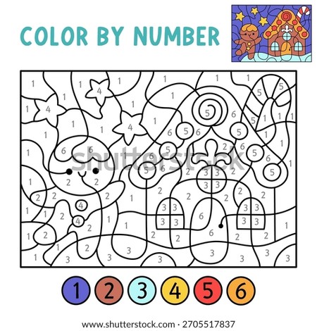 Vector Christmas color by number activity with gingerbread man, house, snowy night scene. Winter black and white counting game. New Year coloring page for kids. Line printable worksheet
