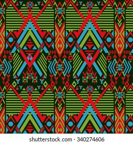 Vector Christmas Color Seamless Tribal Pattern Geometric Textile with Green Background