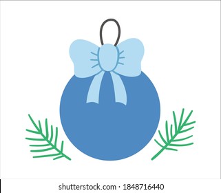 Vector Christmas colored ball with bow and fir tree twigs isolated on white background. Cute funny illustration of New Year symbol. Flat Christmas tree decoration icon.
