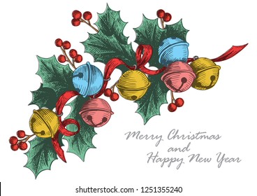 Vector Christmas colorful decoration and plants. Hand drawing jingle bells, plants, mistletoe and red berries branch illustration.