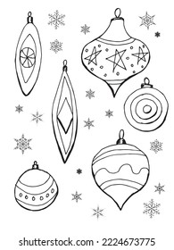 Vector Christmas coloring page from hand drawing christmas tree ball toys. Page for coloring book. 
