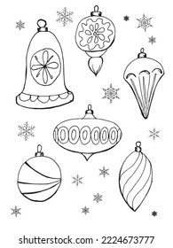 Vector página de coloreo navideño de juguetes de bola de árbol de navidad dibujando a mano. Página para el libro de colorear. 

