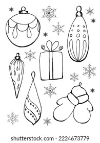 Vector Christmas coloring page from hand drawing christmas tree ball toys. Page for coloring book. 
