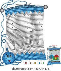 Vector Christmas coloring page. Tasks for children color by number in the shape of a knitted scarf with the image of a snowy house