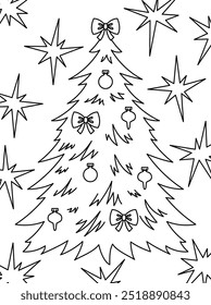 Página para colorear de Navidades de Vector. Árbol de Navidad con adornos de cristal y estrellas
