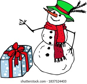 vector Christmas coloured illustration. Hand drawn vector snowman, gift box and Merry Christmas indication signs. red, blue, green, white vector image