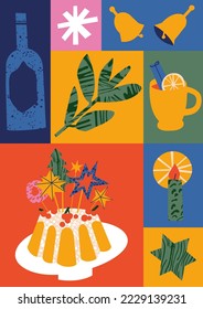 Vector Christmas composition with different traditional decorations in contemporary modern trendy style. Xmas poster