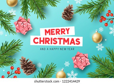Vector christmas composition with fir branches, bows and decorations. Illustration.