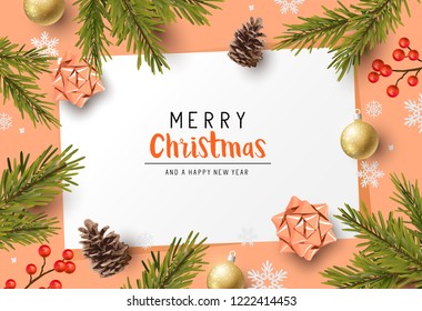 Vector christmas composition with fir branches, bows and decorations. Illustration.