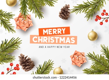 Vector christmas composition with fir branches, bows and decorations. Illustration.