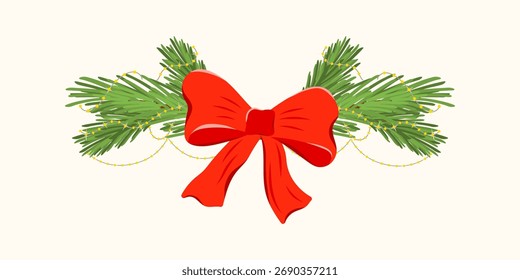 Composición de Navidades de Vector con ramas de abeto, lazos rojos, guirnalda festiva. Elemento de la decoración de Festiva para las tarjetas de felicitación, papel de embalaje, diseño estacional.