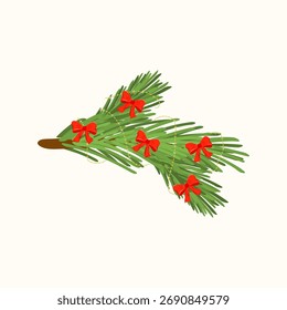 Vector Christmas composition with fir branches, red bows, festive garland. Holiday decoration element for greeting cards, wrapping paper, seasonal design.