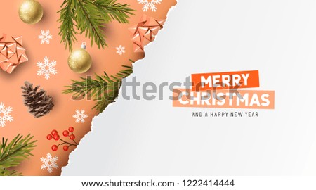 Vector christmas composition with fir branches, bows and decorations. Illustration.