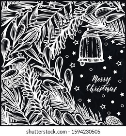 Vector Christmas composition with spruce and pine branches, mistletoe, bell, background  chalkboard, art, t-shirt design