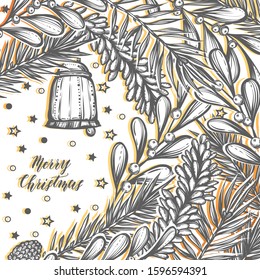 Vector Christmas composition with spruce and pine branches, mistletoe, cones, bell. Adult coloring book page, t-shirt design, art