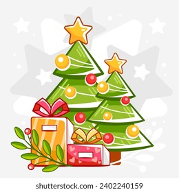 Vector Christmas composition of Christmas trees and gifts in a cute cartoon style.