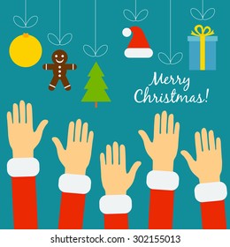 Vector christmas concept in flat style. Hands of the people in Santa costumes are drawn to the Christmas symbols that hung on threads, among them ball, Christmas tree, Santa hat, gift. Christmas sales