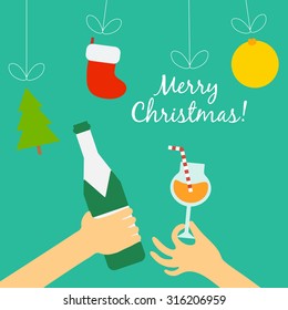 Vector christmas concept in flat style. Hands of the people with champagne and cocktail are drawn to the Christmas symbols that hung on threads, among them ball, Christmas tree