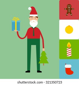 Vector Christmas concept. Office Santa Claus with gifts and Christmas tree, so elements for decor