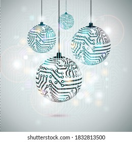 Vector Christmas conceptual tech card. Circuit board shining Christmas balls. 