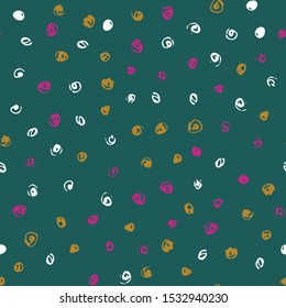 Vector Christmas confetti seamless pattern. Trendy design with colorful hand drawn dots on forest green background.