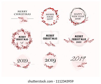 Vector Christmas congratulation arrangements with text & watercolor elements - hand drawn holly berry branches and wreath - isolated on white background. Package design, cards, posters, labels etc.
