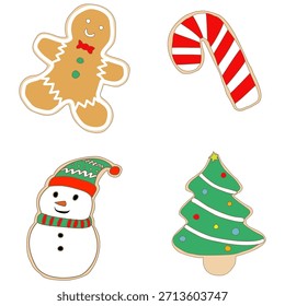 Galletas de Navidad de Vector en forma de hombre de jengibre, bastón de caramelo, muñeco de nieve y árbol de Navidad