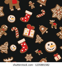 Vector Christmas Cookies Seamless Pattern (Black Background)