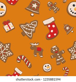 Vector Christmas Cookies Seamless Pattern (Orange Background)