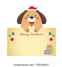 Vector Christmas copy space or message note paper. Cute cartoon dog holding blank paper decorated with christmas element isolated on white background. Merry Christmas illustration.