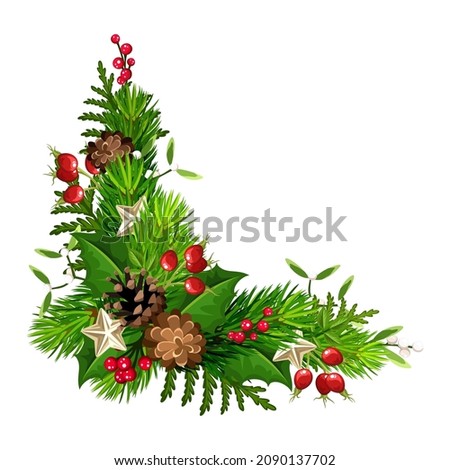 Vector Christmas corner decoration with green fir branches, pine cones, stars, holly, and mistletoe.