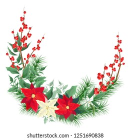 Vector Christmas corner. Red berries, cranberries, poinsettia, green leaves, fir branches. All elements are isolated.