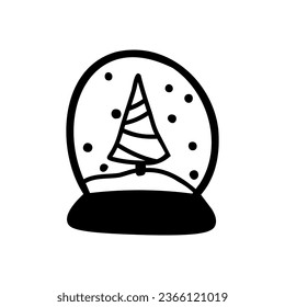 Vector bola de cristal de Navidad con árbol de Navidad y copos de nieve al estilo de doodle. Imagen en blanco y negro. Ilustración bursátil.