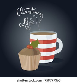 Vector christmas cup of coffee and a cupcake