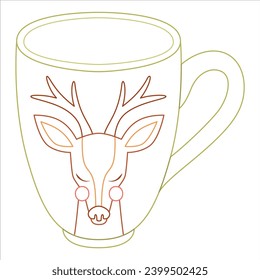 Vector christmas cup with deer. Vector holiday card with coffee cup, christmas ornaments. Line art.