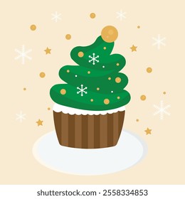 Vector christmas cupcake, cute christmas holiday cup cake illustration.