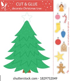 Vector Christmas cut and glue activity. Winter educational crafting game with cute toys, gingerbread, stocking. Fun activity for kids. Decorate fir tree
