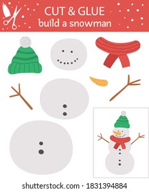 Vector Christmas Cut And Glue Activity. Winter Educational Crafting Game With Cute Snowman. Fun Activity For Kids. Build A Snowman Worksheet For Children.
