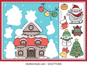 Vector Christmas cut and glue activity. Crafting game with cute kawaii New Year scene. Fun winter holiday printable worksheet. Find the right piece of the puzzle. Complete the picture
