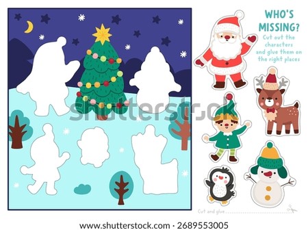 Vector Christmas cut and glue activity. Crafting game with cute snowy winter landscape, Santa Claus, elf, snowman. New Year printable worksheet. Find the right piece of the puzzle. Complete picture

