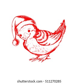 Vector Christmas cute bird. Hand drawn holiday illustration in vintage style for print, greeting and post card, textile and wrapping design. 