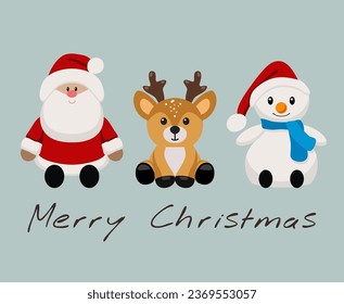 vector christmas cute cartoon of santa claus, reindeer and snowman isolated on blue background. childish soft toys with funny characters for merry christmas and new year illustrations